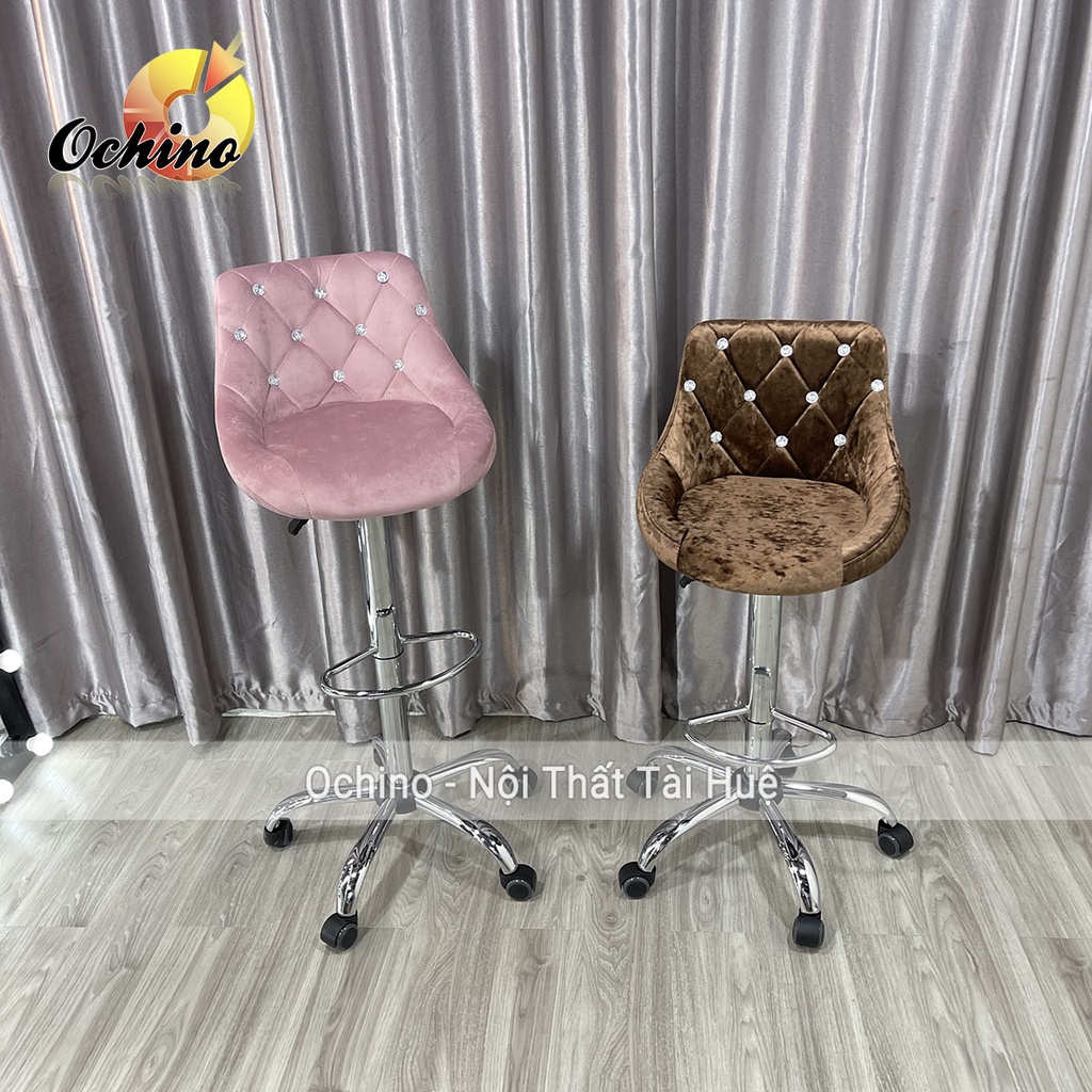 Ghế Makeup, Ghế Quầy Bar Có Bánh Xe Điều Chỉnh Độ Cao 65/ 85Cm Và Xoay 360 Độ Mẫu Nỉ Nhung Đính Đá (Đủ Màu)