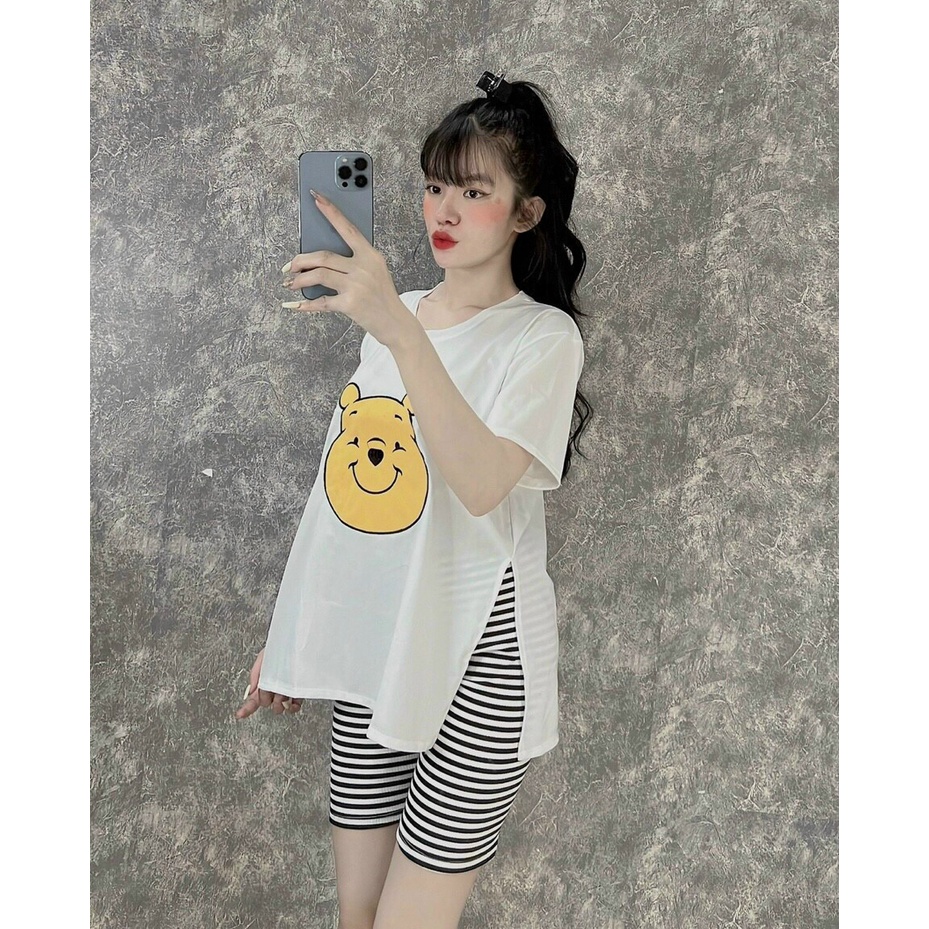 (FreeShip 2022) Sét bộ nữ thêu gấu,áo phông tay ngắn xẻ tà mix quần legging sọc,chất đẹp tone màu dễ mặc lên from siêuưn