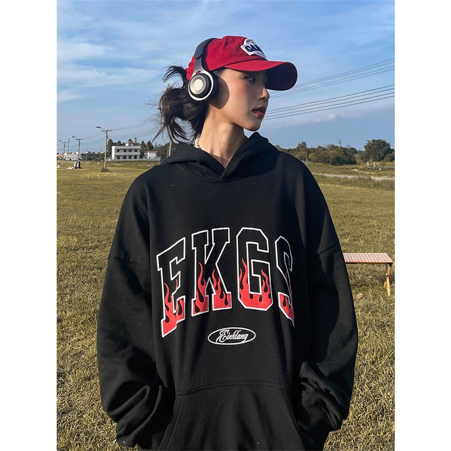 Áo hoodie chữ lửa EKGS Unisex [FREESHIP] Hoodies form rộng tay phồng kiểu dáng sweater nỉ phối mũ 2 lớp peonyb ulzzang