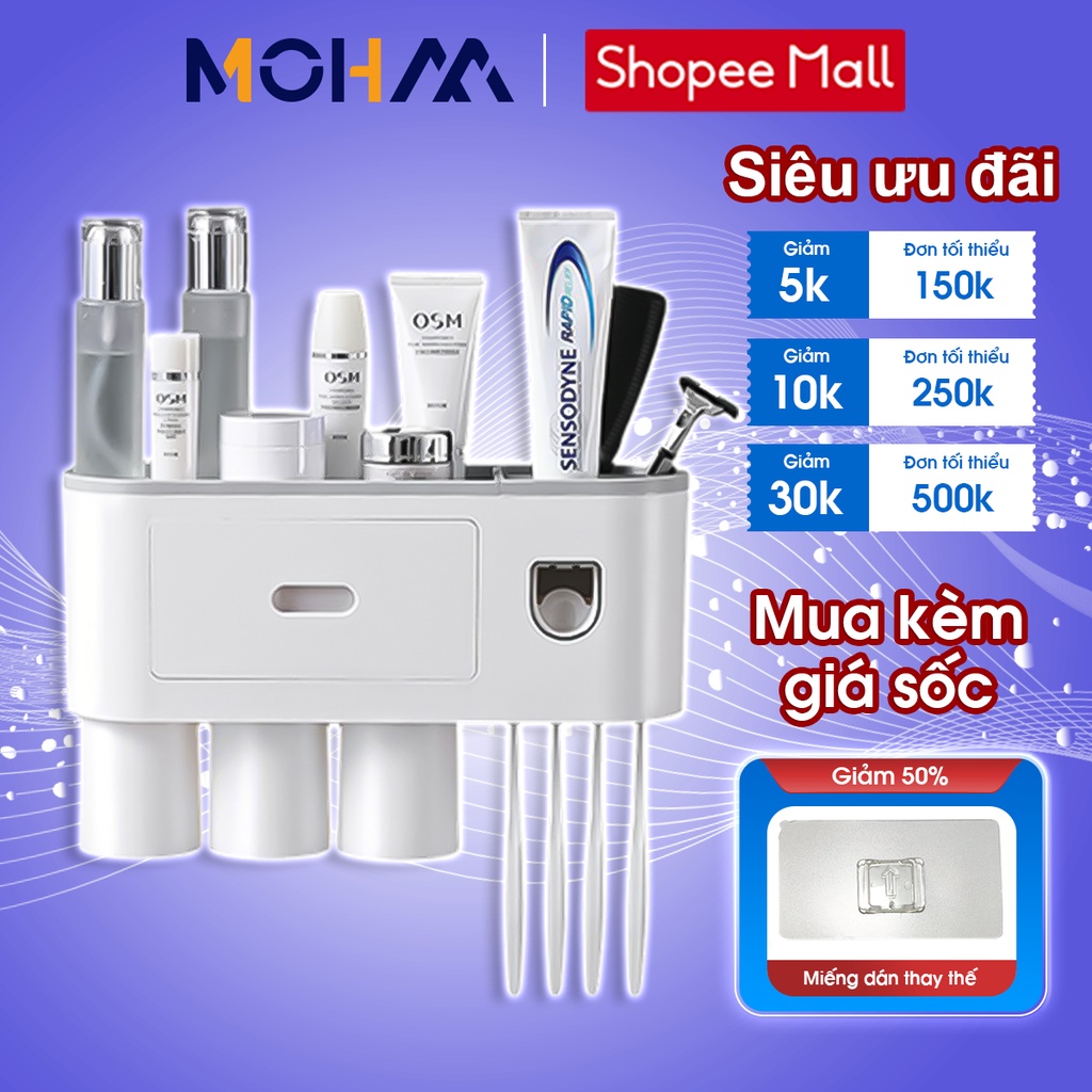 Bộ nhả kem đánh răng tự động MOHAA, nhả kem đánh răng kiêm đựng bàn chải kèm cốc hút nam châm cao cấp