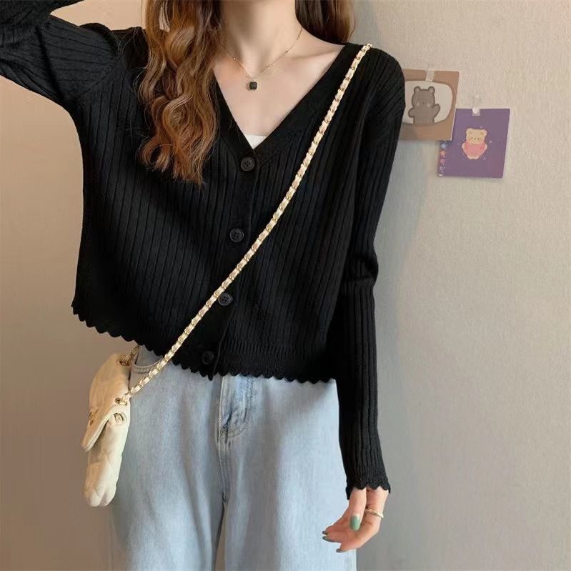 Áo Khoác Len Cardigan Dệt Kim Cổ V Nút Gân Tay Dài Gấu Răng Cưa Phong Cách Poho | Vui Vẻ Shop