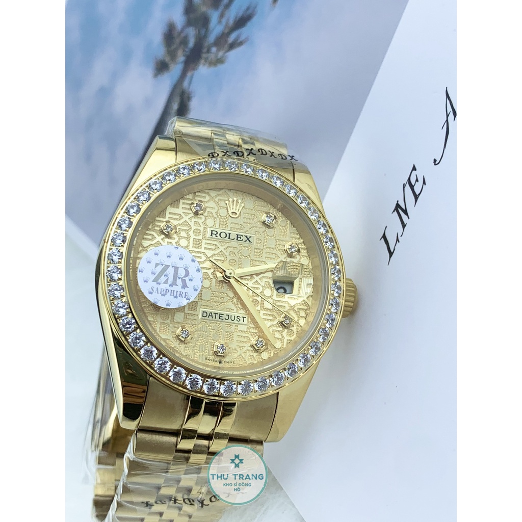 Đồng hồ nam Rolex mẫu cơ Automatic mặt 3D viền đá màu vàng size 41-40mm