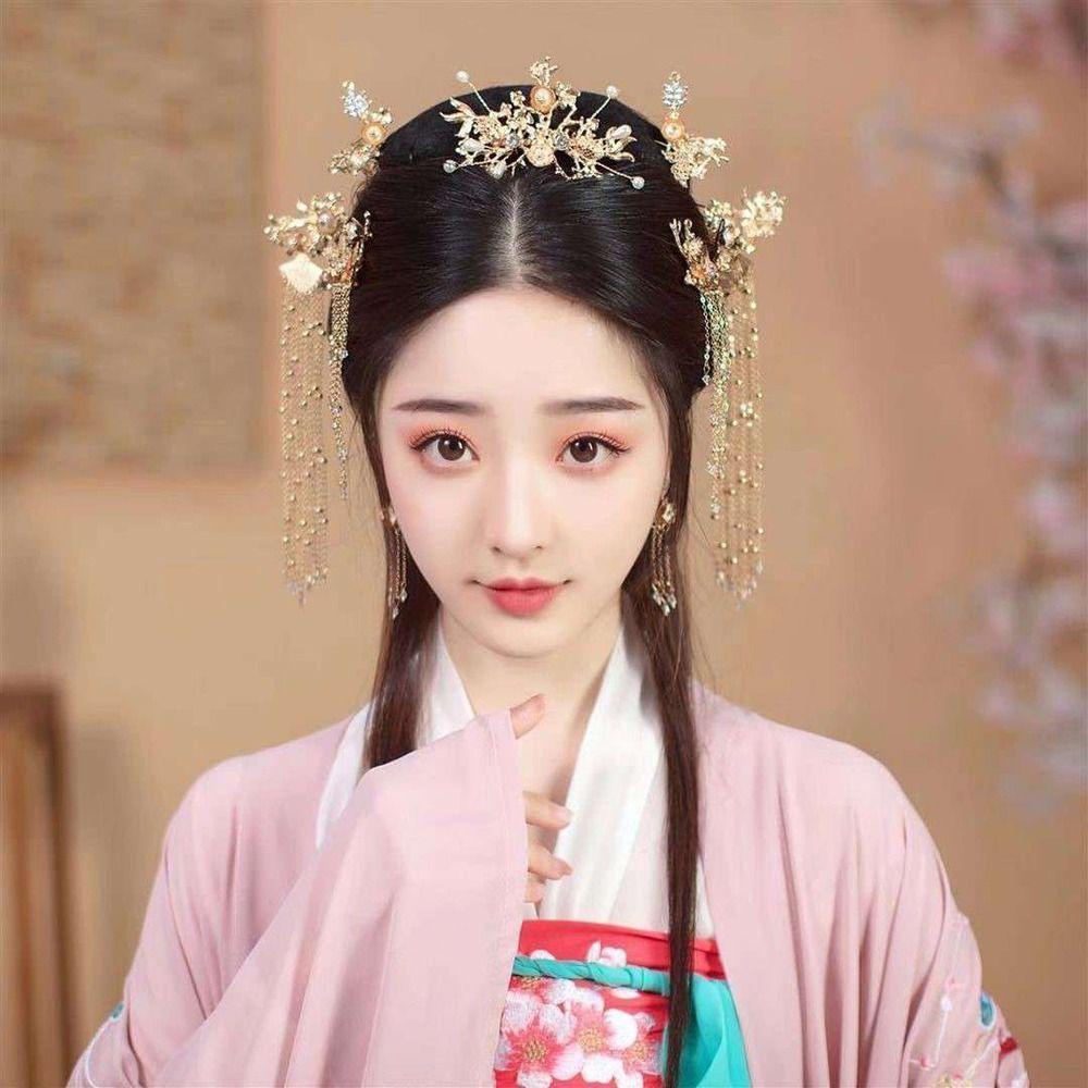 QQMALL Bộ Vương Miện Cài Tóc Đính Đá Hình Hoa &amp; Bướm Bằng Hợp Kim Kiểu Trung Hoa Cho Cô Dâu