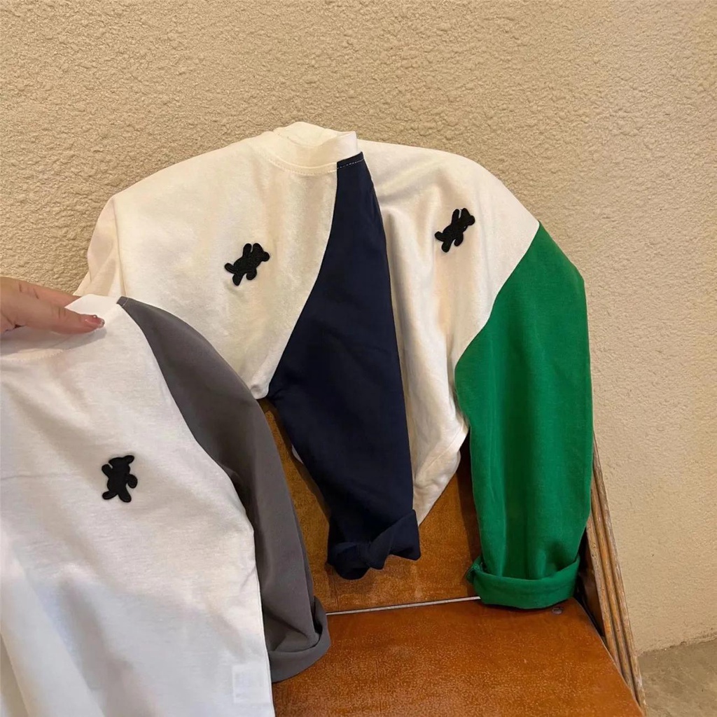 Áo Thun Tay Dài Dáng Rộng In Hình Gấu Màu Sắc Tương Phản Thời Trang Xinh Xắn Cho Bé