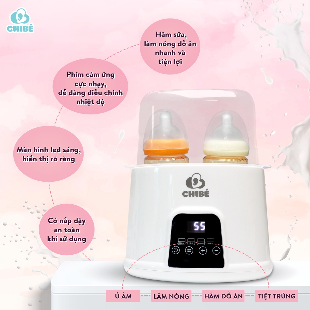 Máy hâm sữa đôi CHIBE- CB017, máy hâm cháo cho bé, giã đông, tiệt trùng đa chức năng, chính hãng - bảo hành 12 tháng