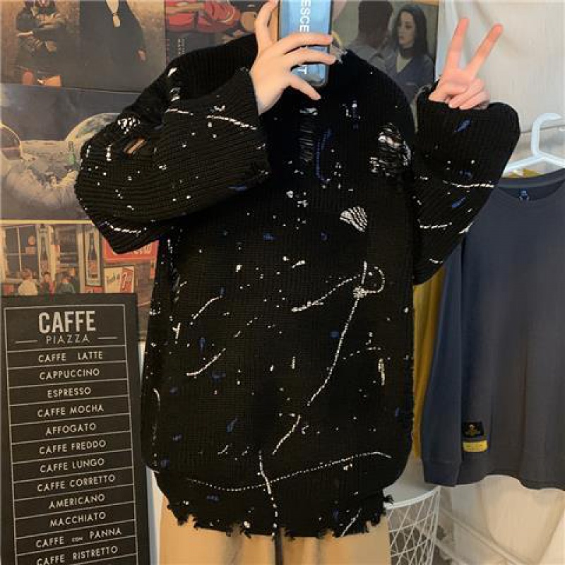 Áo Sweater Cổ Tròn Dáng Rộng Phối Rách Plus Fat Thời Trang Mùa Thu Đông Theo Phong Cách Nhật Bản Dành Cho Nam