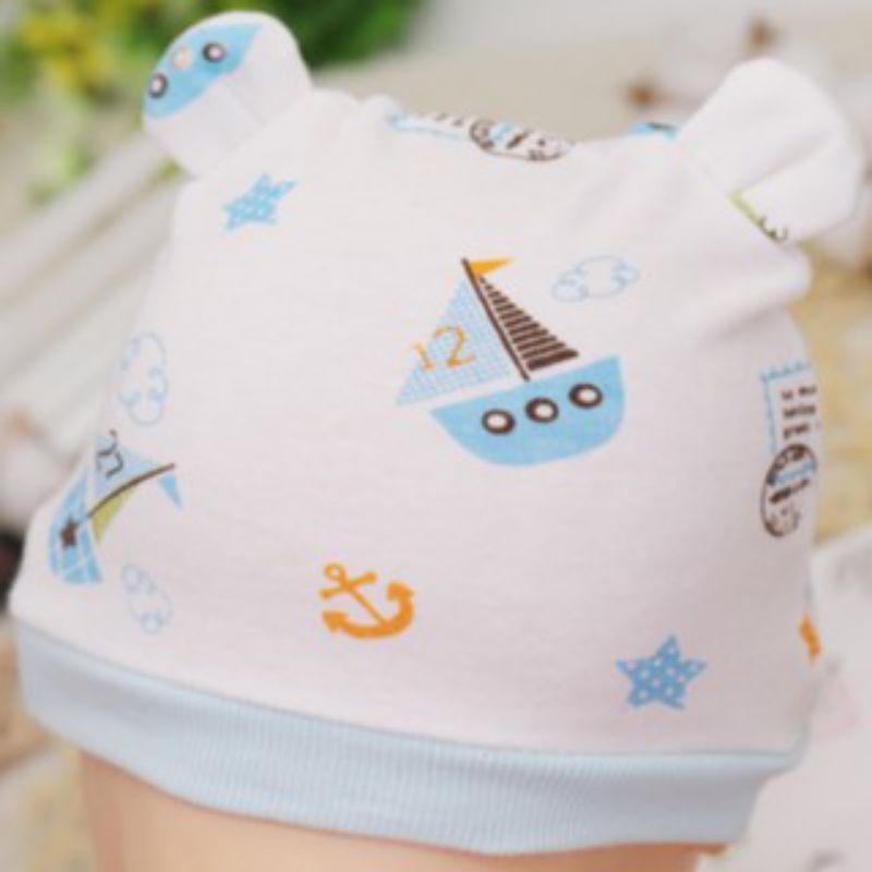 Mũ cotton sơ sinh màu trắng in hoạ tiết cho bé