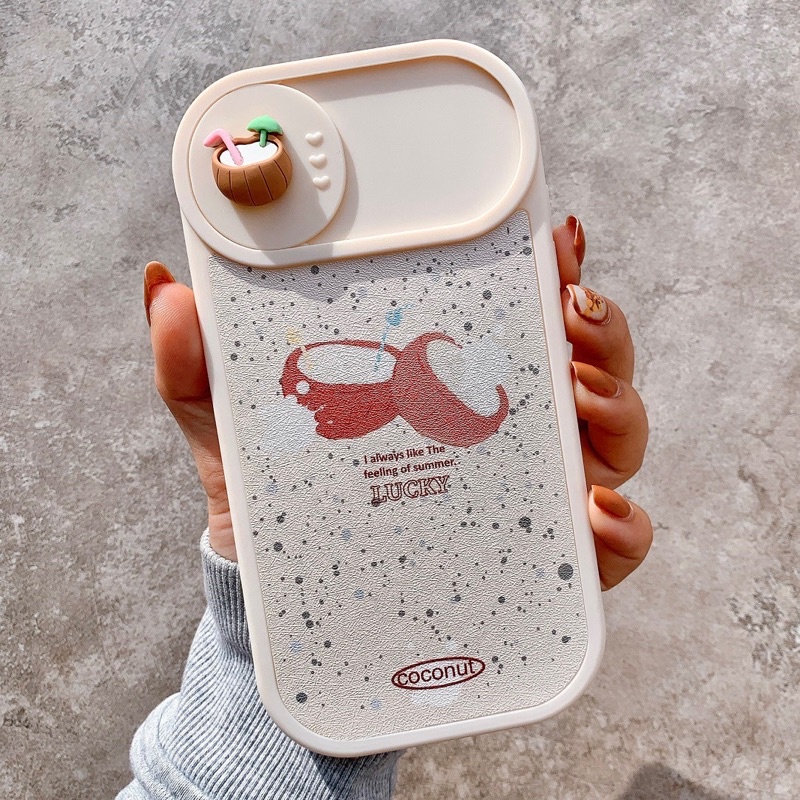 Ốp Lưng Da Bảo Vệ Camera - Có Nắp Trượt Mẫu Coconut Nổi