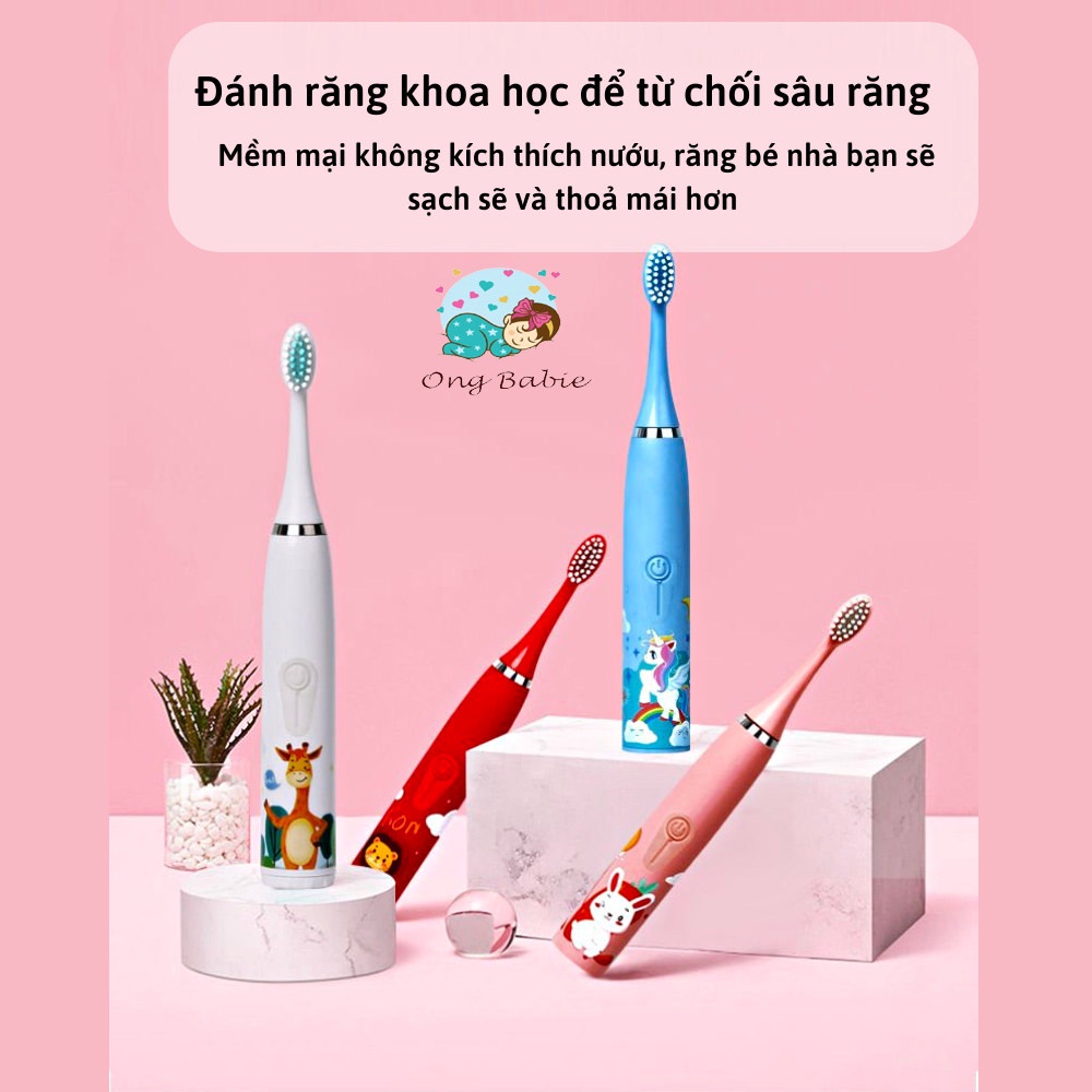 Bàn chải đánh răng điện trẻ em. Chính hãng SONIC - 4 chế độ tự động dánh sạch răng. Tặng kèm 6 đầu bàn chải