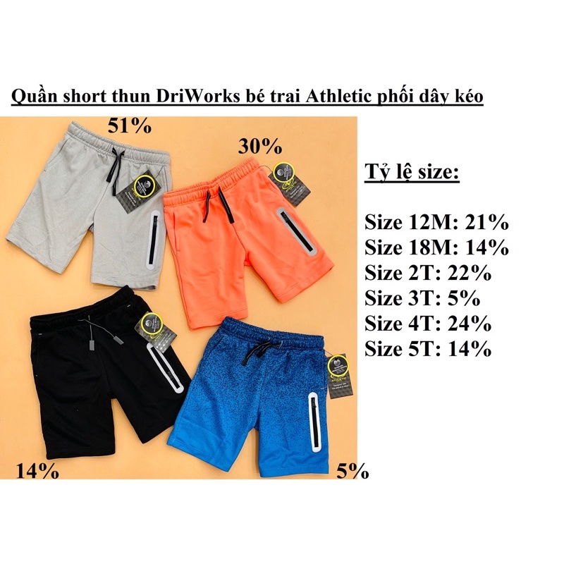 Quần Short Thun Bé Trai Xuất Dư DriWorks Athletic Sz 12m-5t Bibo Store/ Quần đùi bé trai chất liệu thun thoáng mát