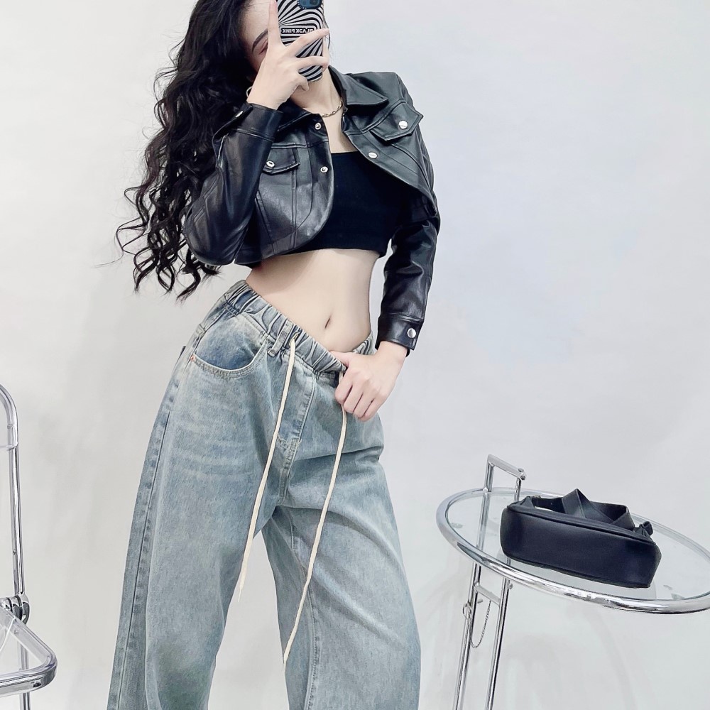 Set quần Jean suông eo chun áo da croptop Delys set đồ cá tính & năng động