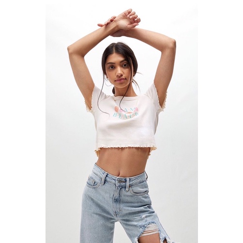 Áo croptop ôm xoăn lai thun bo gân in Miami Beach, 2 màu