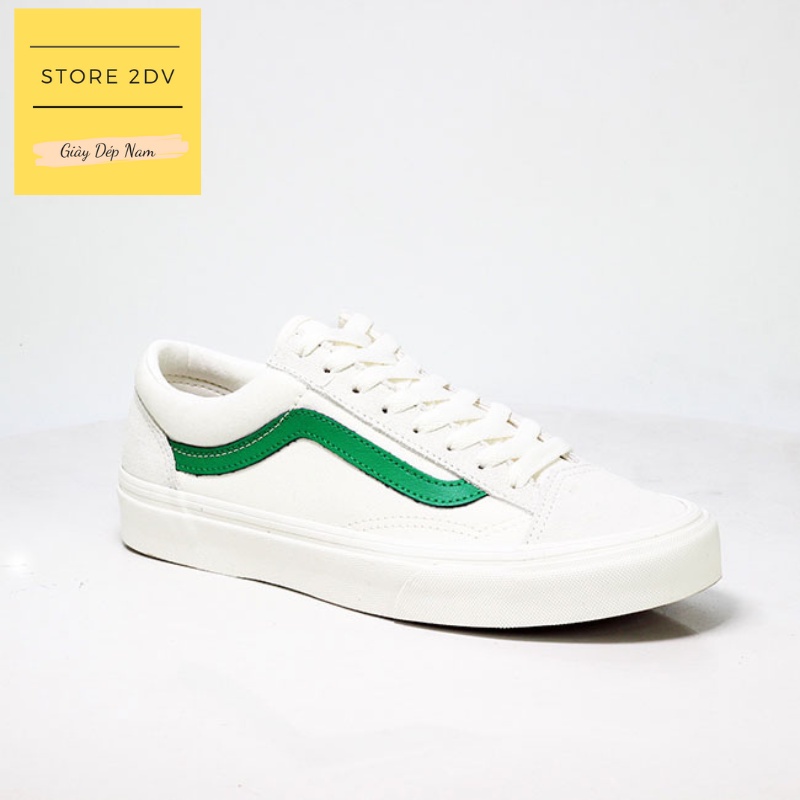 Giày Sneaker Nam Vans Old Skool Trắng Viền Xanh Lá Da Lộn Giày Vans Style 36