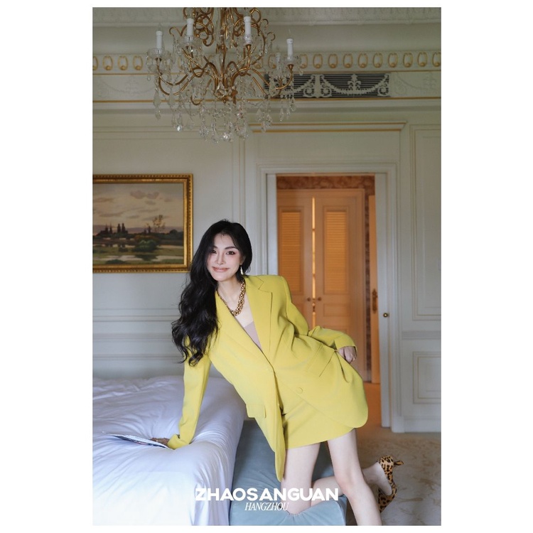 Phong Cách mới!Bộ Áo Vest + Chân Váy Ngắn Màu Vàng Mù Tạt Phong Cách Thời Trang Công Sở Mùa Thu 2022 Mới