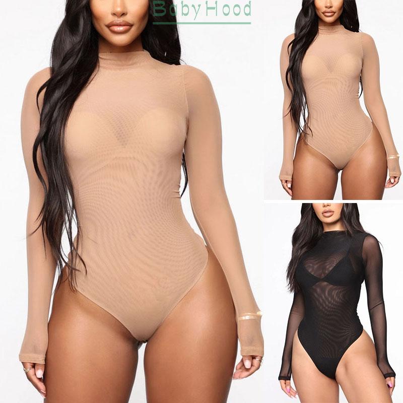 Ladies Women Bodysuit Leotard Lingerie Long sleeve See through Stretch Thongs#BBHOOD