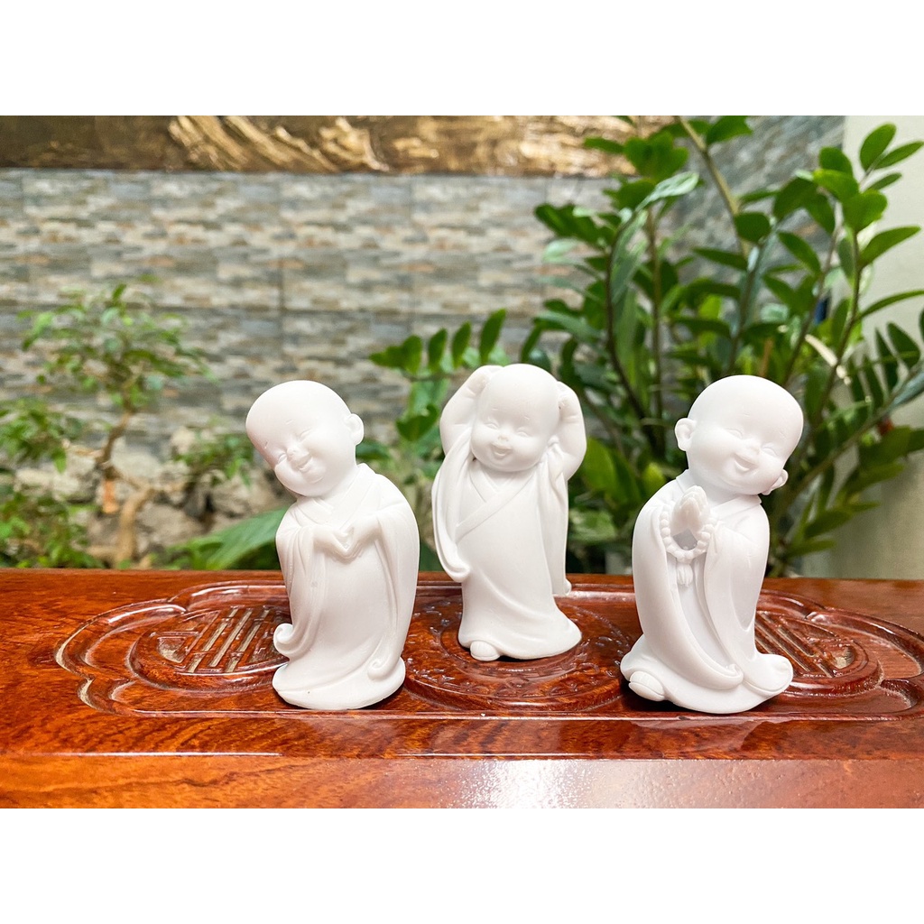 Bộ Chú Tiểu Tam Không, Yêu Đời, Tự Tại, An Yên Đá đúc Trắng trang trí bàn làm việc, nhà cửa, quà tặng PT80
