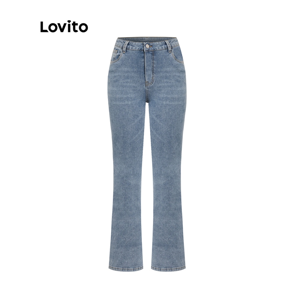 Lovito Quần jean nữ có túi trơn thông thường L37AD061 (Xanh lam)