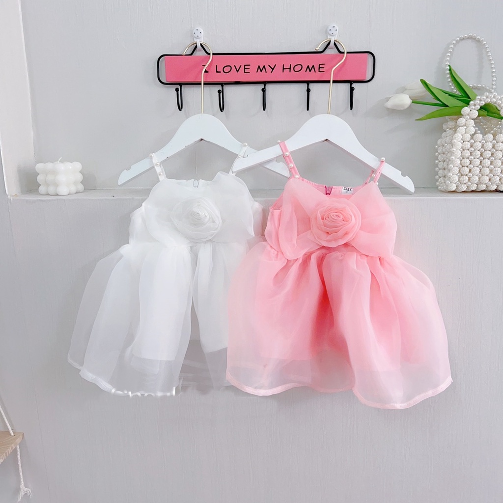 Váy công chúa cho bé gái kiểu 2 dây nơ to từ sơ sinh đến 3 tuổi