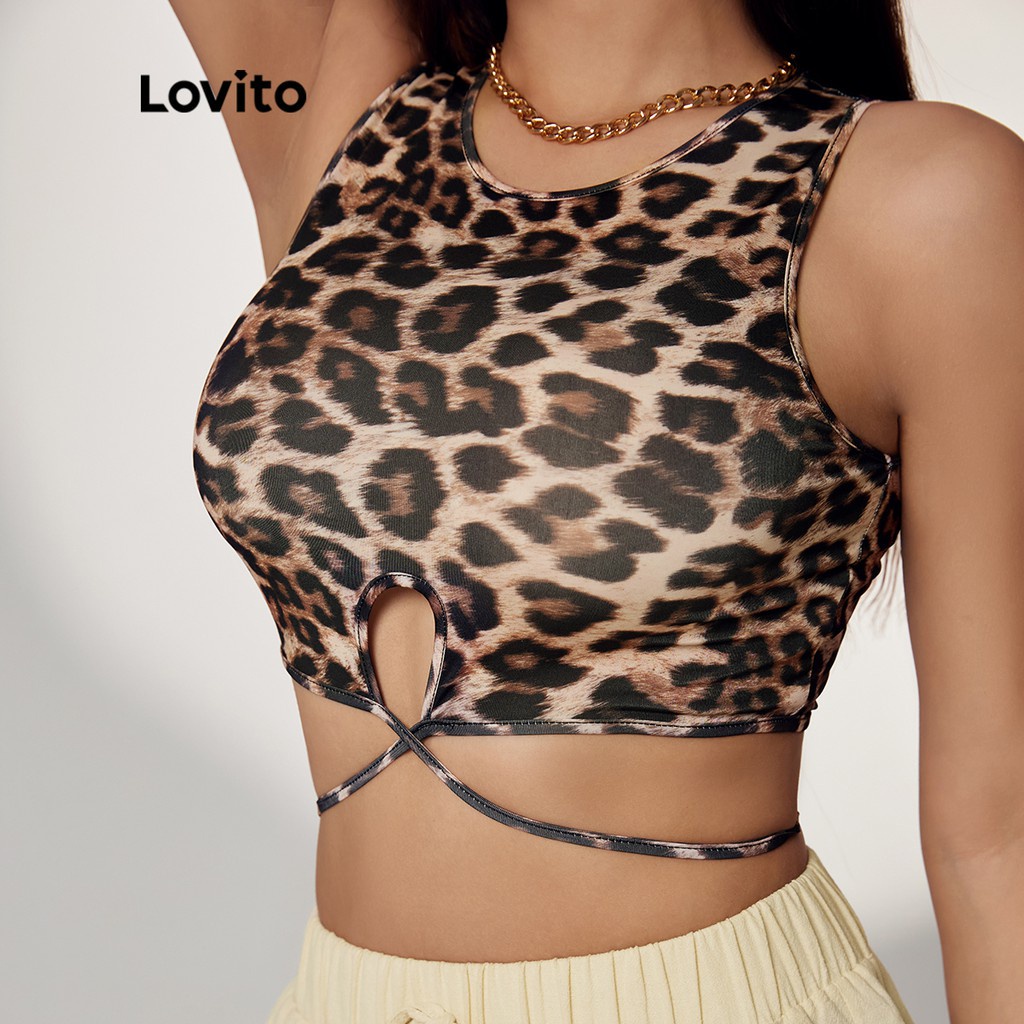 18de-Áo ngắn Lovito in họa tiết da báo phong cách thường ngày L17D034 (Nâu)