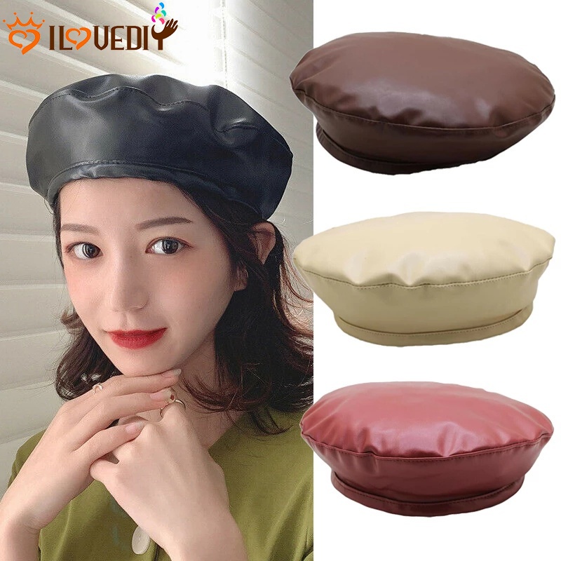 [Hot] Mũ Beret Da Màu Trơn Phong Cách Vintage Pháp Thời Trang Cho Nữ