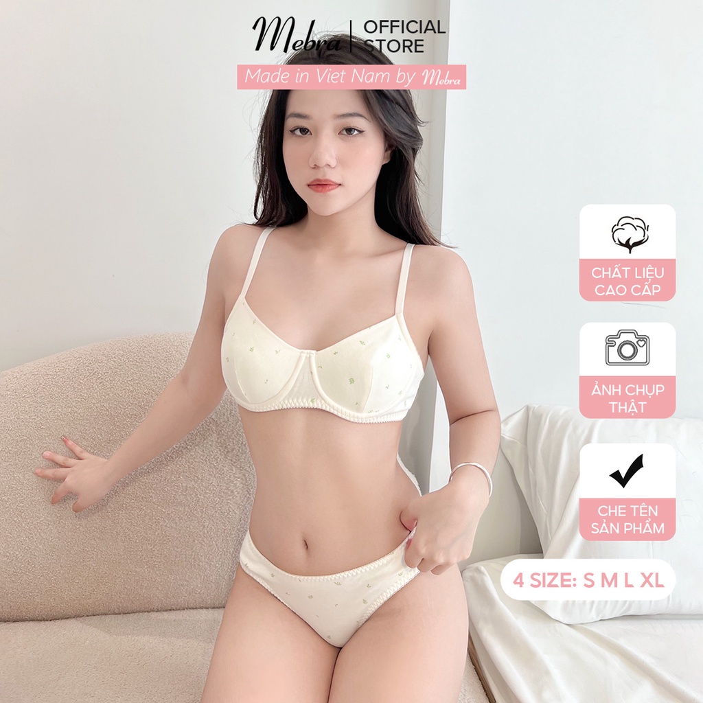 Bộ đồ lót nữ cotton có gọng 2 lớp không đệm quần tam giác màu be hoạ tiết lá xanh thoáng khí Mebra S028