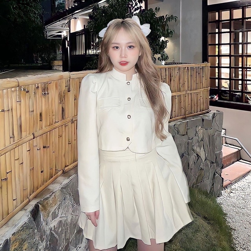 MALENA SET | Set Áo Vest Tay Bồng Mix Chân Váy Xếp Ly Kaki (Hàng Thiết Kế) ELAVISTA
