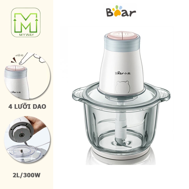 Máy xay thịt đa năng Bear QSJ-B02Q1 , máy xay thịt cá cối thủy tinh CAO CẤP 2L 300W, 4 lưỡi dao thép không gỉ