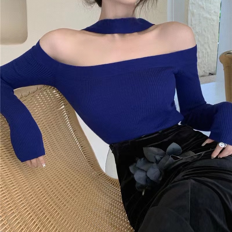 Áo dệt kim SUXI trễ vai dáng ôm phong cách vintage thời trang mùa thu quyến rũ cho nữ