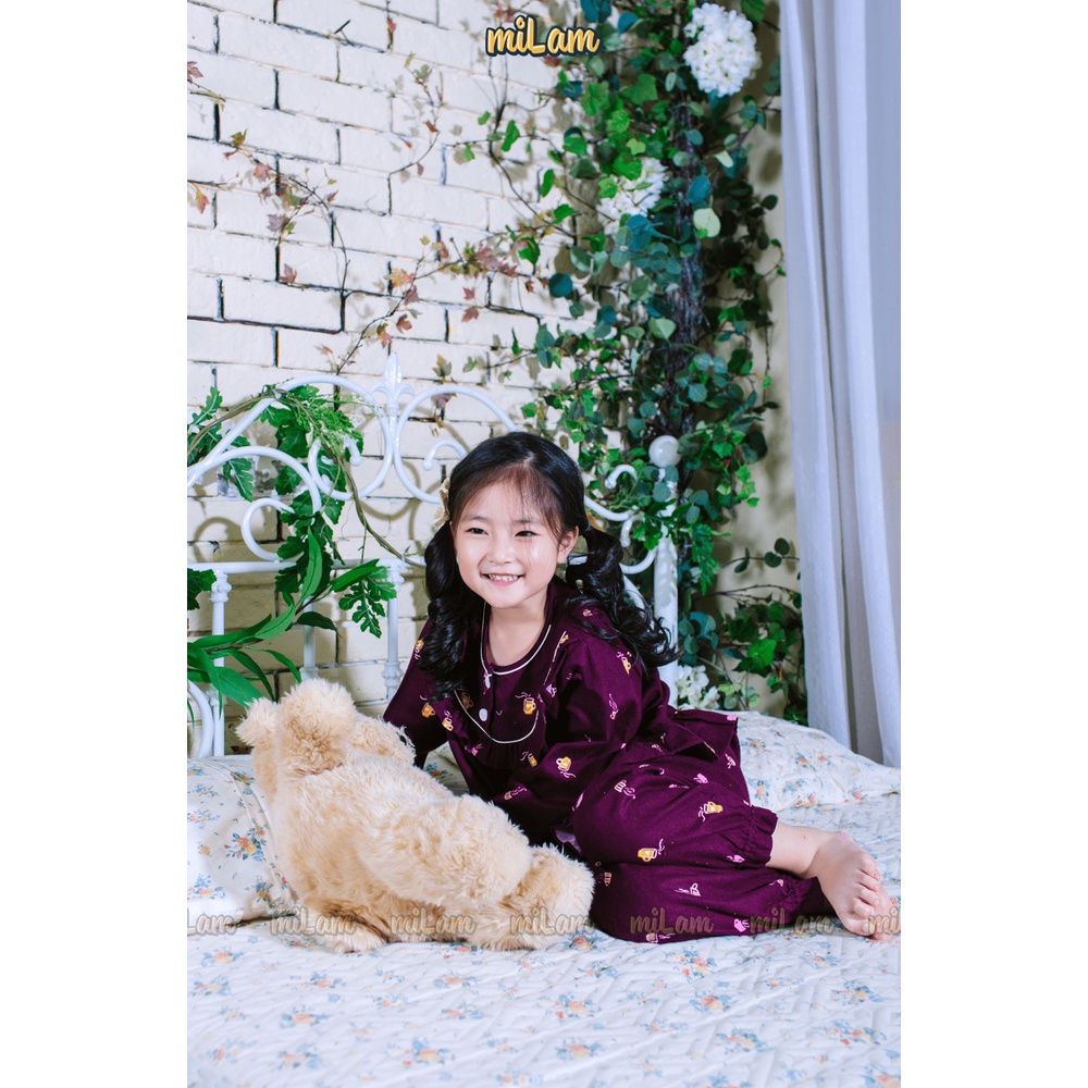 Bộ quần áo Pijama cổ tròn dài tay MILAM họa tiết dễ thương đáng yêu dành cho bé gái