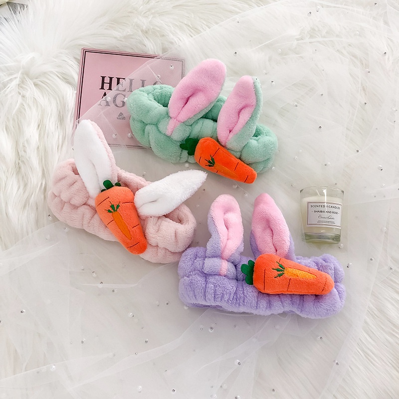 Băng Đô Rửa Mặt Tai Thỏ Carot 3D Bờm Rửa Mặt Vải Bông Nhung Xù