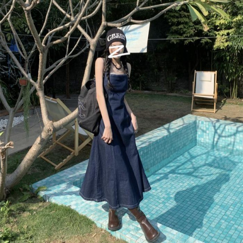 IMAODOU Đầm Yếm Denim Dáng Chữ A Phong Cách Thời Trang Mùa Thu 2023 Mới