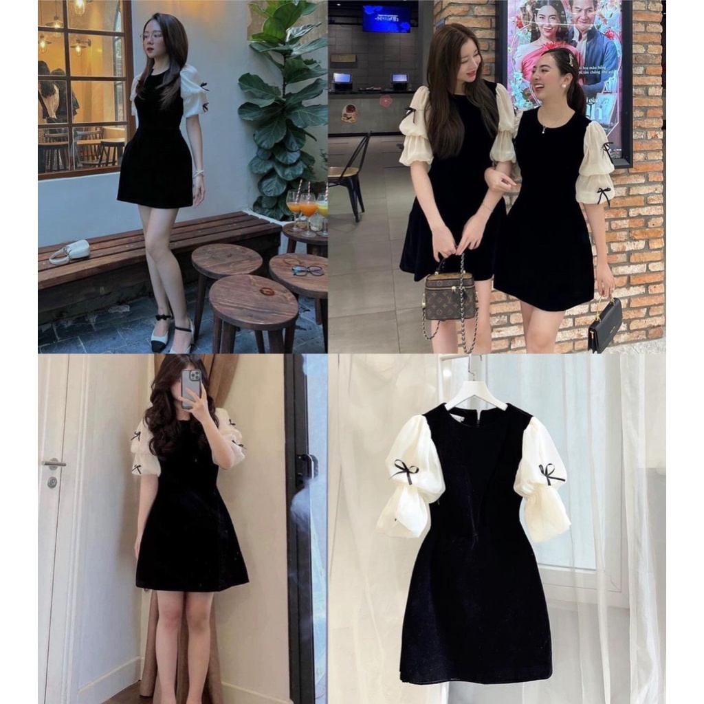 Đầm - Váy nhung cộc tay nơ bồng dáng xuông