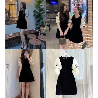 Đầm - Váy nhung cộc tay nơ bồng dáng xuông