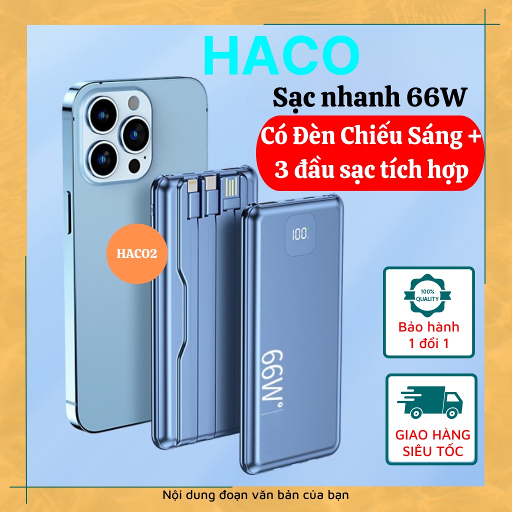 Pin sạc dự phòng sạc nhanh 66W 20000mAh cầm tay giá rẻ tích hợp 3 đầu sạc kiêm đèn pin chiếu sáng