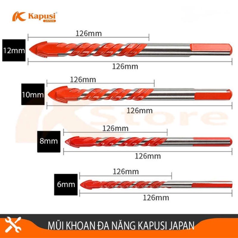 Bộ 4 Mũi khoan đa năng khoan kính đá gạch men cao cấp 2 cạnh Kapusi Nhật 6mm 8mm 10mm 12mm