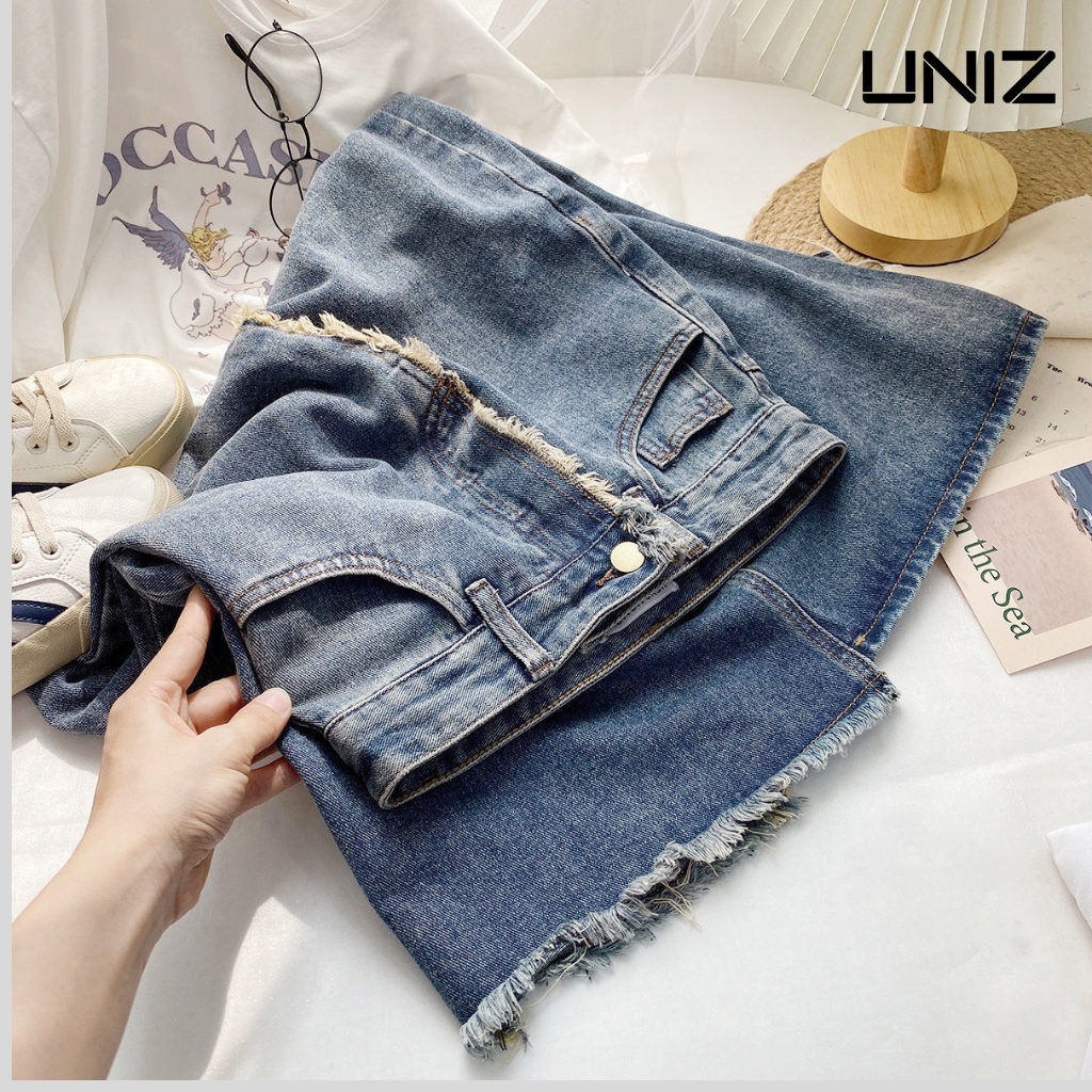 Chân váy jean xẻ trước dáng dài Uniz - Cvjeanxetruoc013