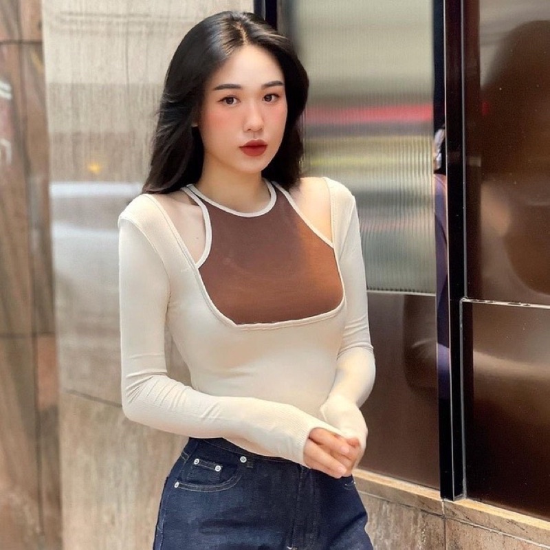 Áo Kiểu Nữ PHỐI MÀU HỞ VAI GB-HP Dài Tay Vạt Bầu Áo Thun Nữ Hàn Quốc Ôm Body Sexy dễ thương Nữ kiểu hàn quốc- Thiên Yết