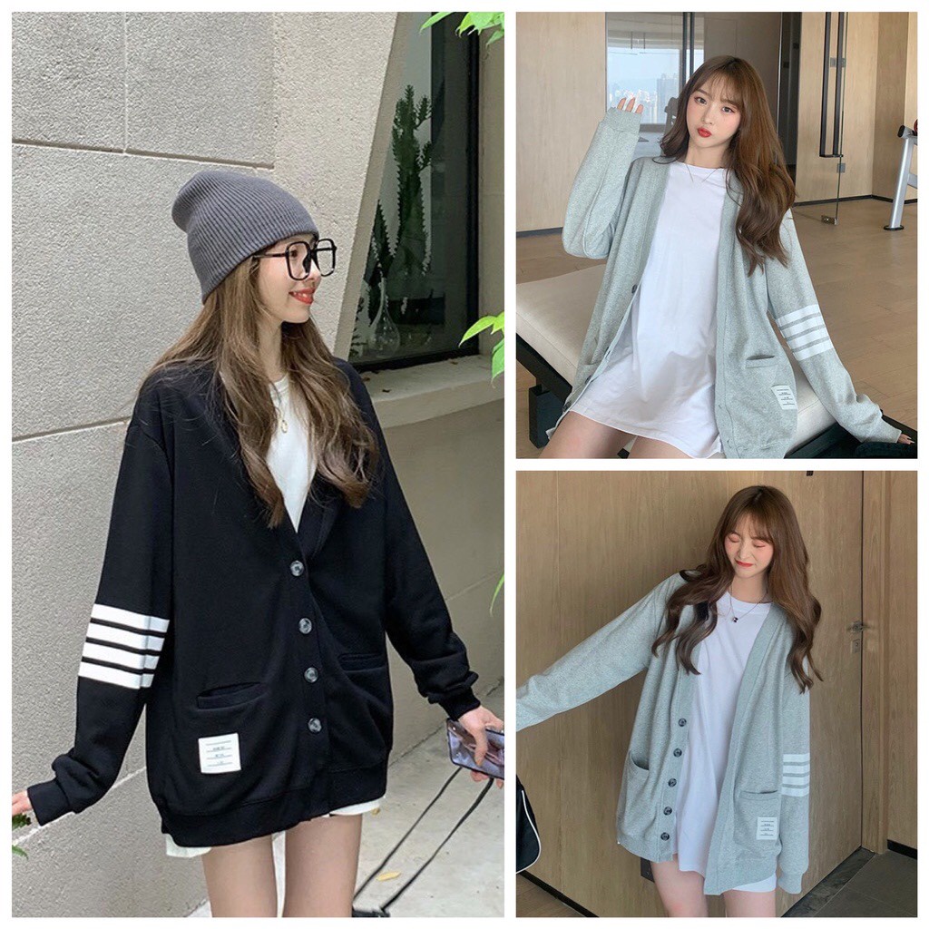 Áo khoác ngoài cardigan tay sọc túi tag mac sịn sò phối khuy cài form rộng Ullzang