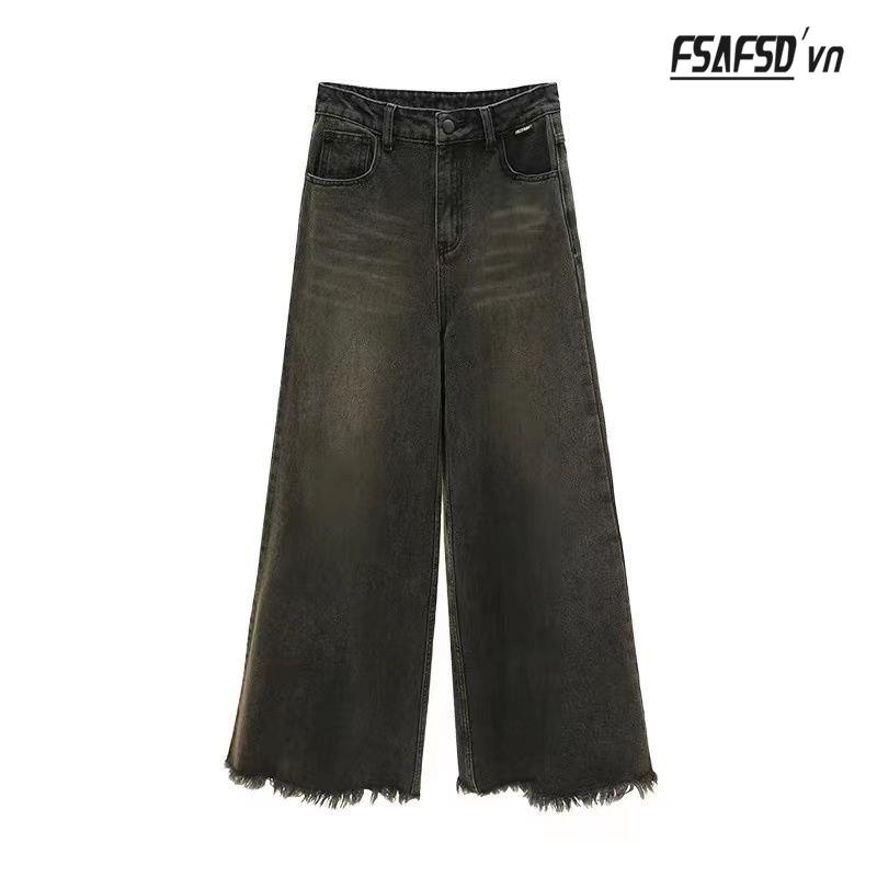 Quần Jean Ống Rộng Màu Nâu Ngà Phong Cách Retro Châu Á