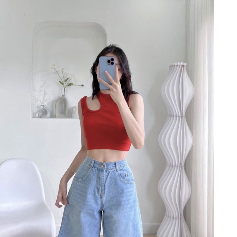 Aó croptop khoét vai sát nách chất vải thun gân co giản tốt