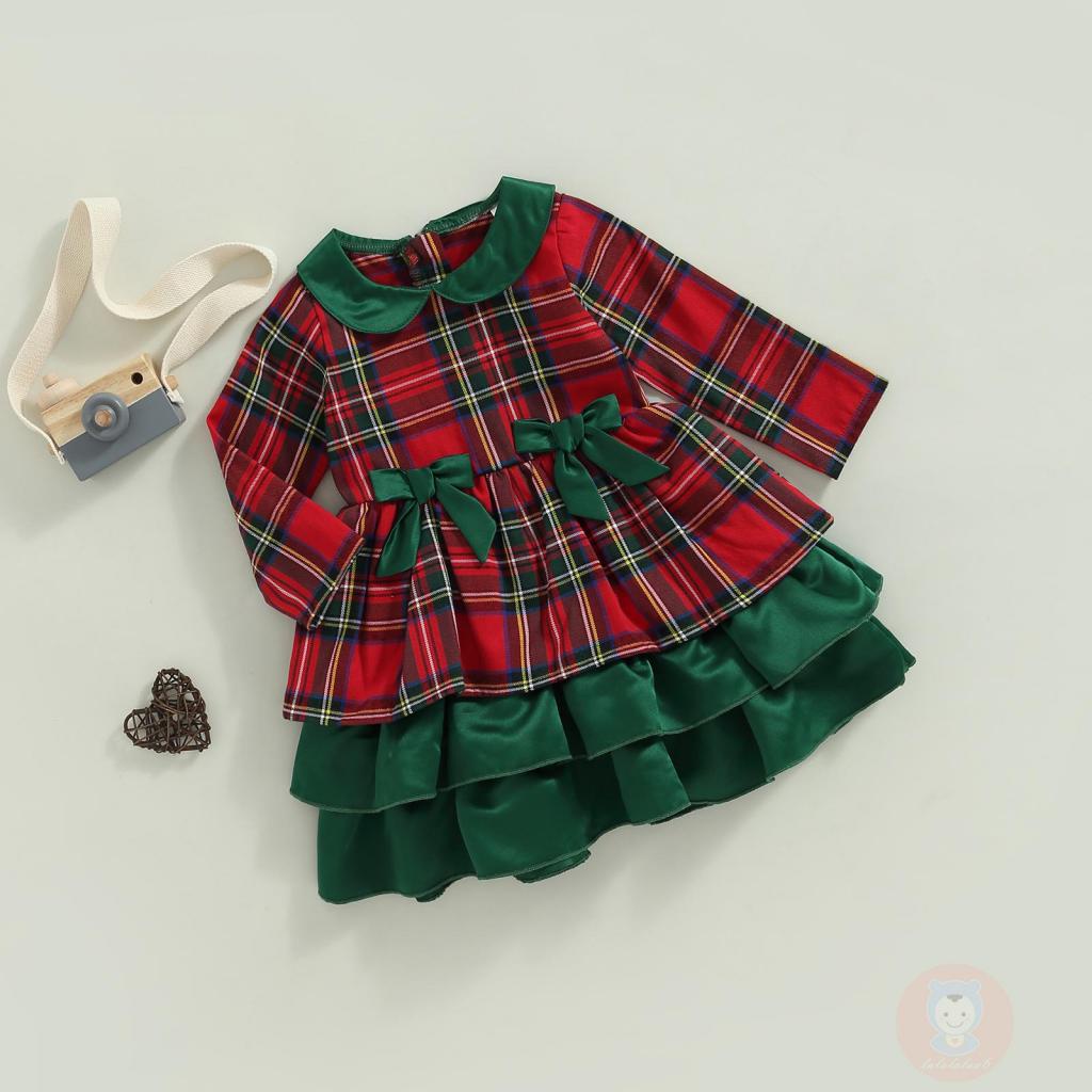 Đầm Tay Dài Cổ Búp Bê Đính Nơ Họa Tiết Sọc Caro Phong Cách Giáng Sinh Dễ Thương Cho Bé Gái LAA6