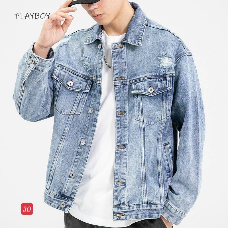 Áo Khoác Jean Nam-Khoác Bò Nam Rách DTH37 Phối Chữ Cá Tính Năng Động trẻ Trung