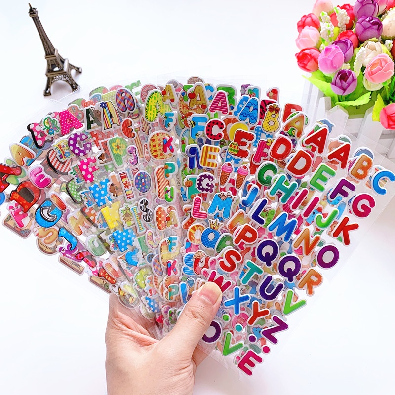 Bộ 6 Tấm Sticker Dán 3D Hình Chữ Cái Tiếng Anh Họa Tiết Hoạt Hình Dành Cho Trẻ Em
