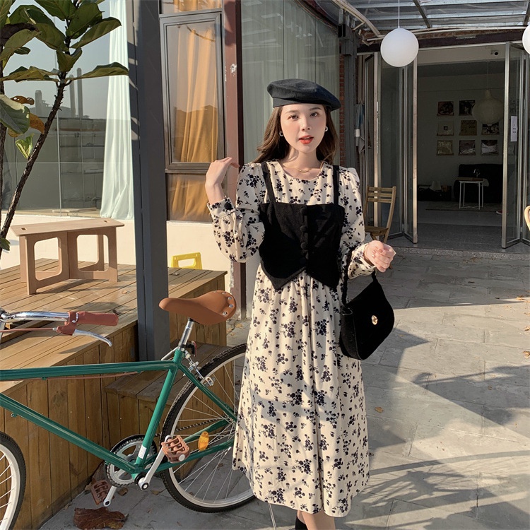 IELGY   Đầm Dài Cổ Tròn In Họa Tiết Hoa Phong Cách Hàn Quốc Cho Nữ