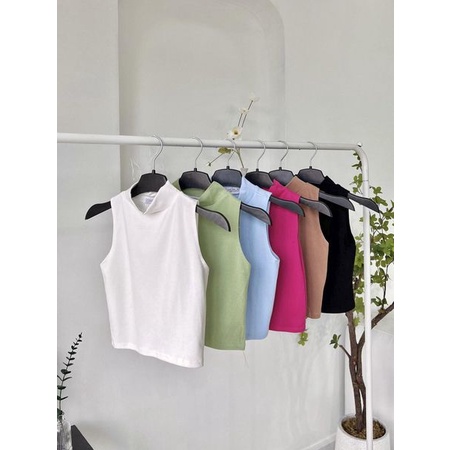 Áo croptop nữ trơn sát nách cổ lọ thun bo gân cao cấp co giãn form basic màu sắc trẻ trung CA095197