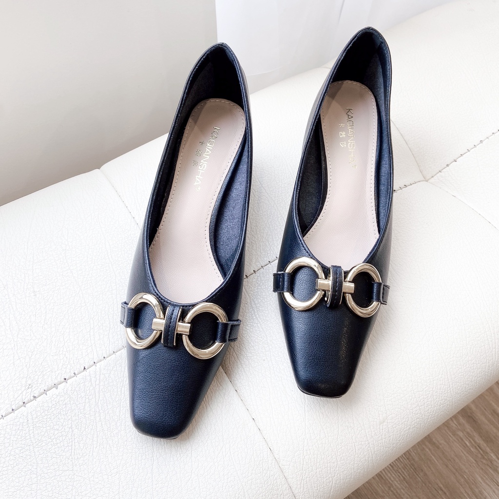 Giày Cao Gót Nữ Mũi Tròn, Giày Cao Gót Đế Vuông Charm xích Cao 4 Phân Da Mềm Cao Cấp_DA779