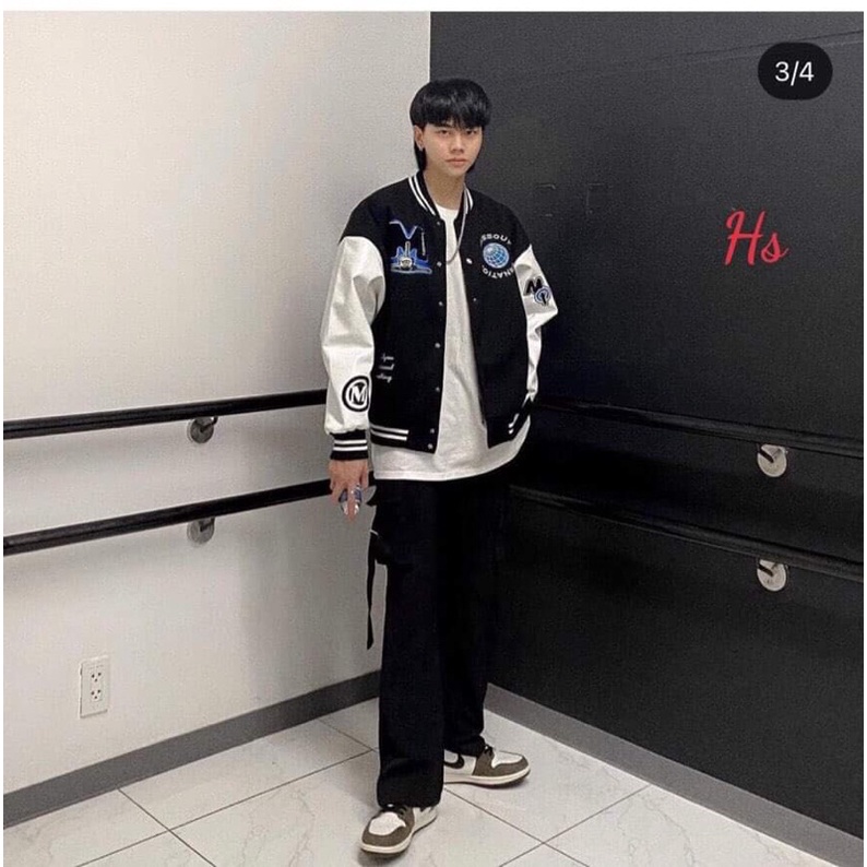 Áo Khoác Bomber chữ M Phối tay  da  bomber bóng chày basic nam nữ form rộng