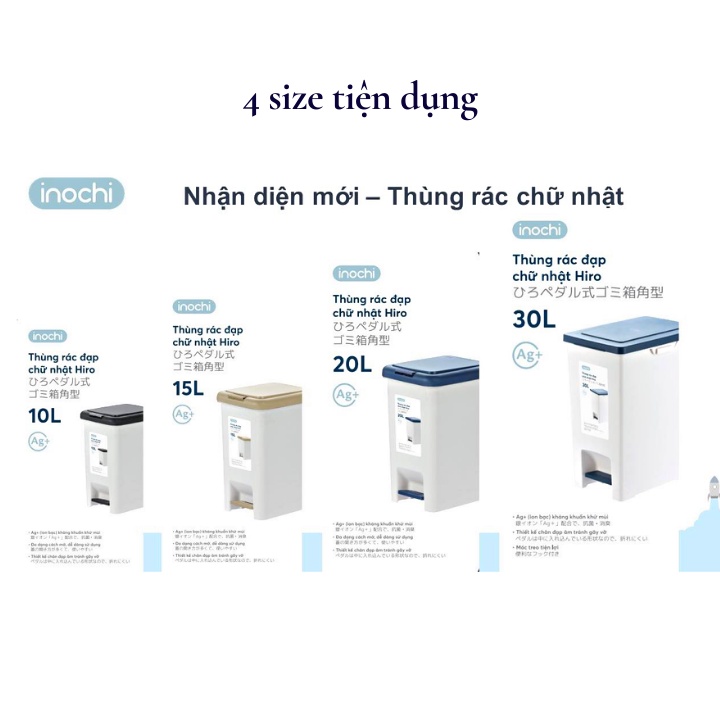 Thùng đựng rác đạp chữ nhật bằng nhựa, Hiro Inochi 10l (kèm lõi) thiết kế bền đẹp, gọn gàng, có nắp hạn chế mùi hôi