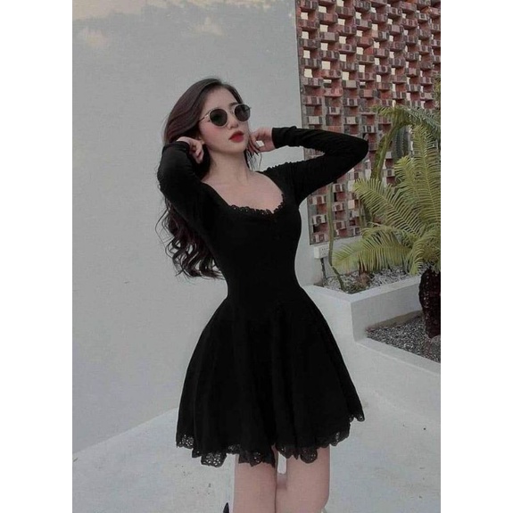 Váy đầm Xòe Phối Ren Tay Dài Kiểu Dáng Hàn Quốc trẻ trung, hot trend freesize