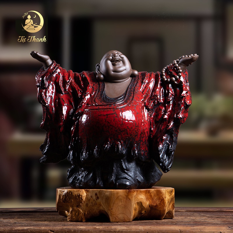Tượng Phật Di Lặc vui vẻ gốm tử sa màu đỏ dáng đứng - Tự Thanh